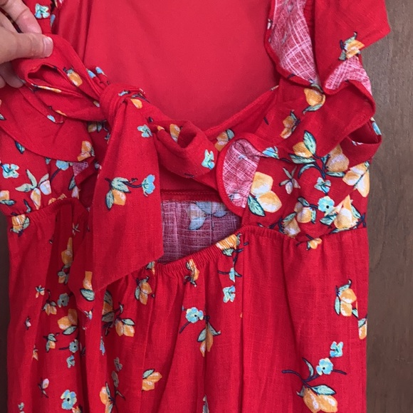 Relist7/18❌ LC LAUREN CONRAD red with lemon & floral print tie back dress - Picture 9 of 16